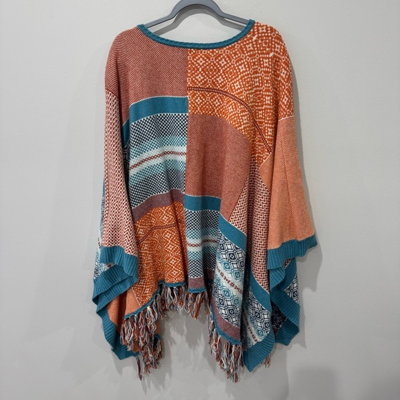Sundance Catalog Alisandra Poncho Intarsia Patchwork Bandana Sweater Boho Orange - Picture 6 of 6